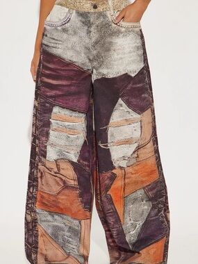 Abstract Patchwork Wide-Leg Pants in Plum & Rust